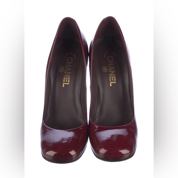 Chanel Pumps Burgundy Wine Patent Leather Logo High Heels Shoes Square Toe 38 8 - Picture 3 of 5
